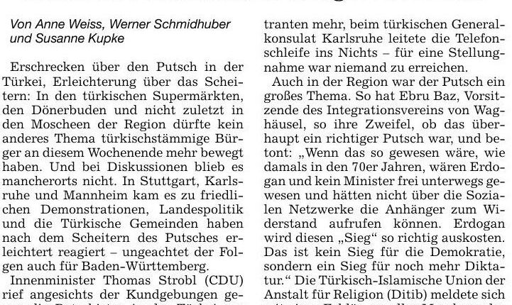 Putsch wirft seine Schatten in die Region – BNN 18.07.16